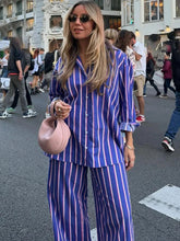 Load image into Gallery viewer, Women&#39;s Oversized Striped Shirt Pants Suit Lapel Long Sleeves Top High Elastic Waist Pockets Straight Leg Pant Female Set
