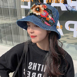 Fashion National Style Embroidered Denim Fisherman Hat Outdoor Sun Protection Travel Street Basin Hat.