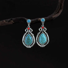 Load image into Gallery viewer, Tibetan Silver Art Retro Ethnic Style Turquoise Water Droplet Carved Earrings
