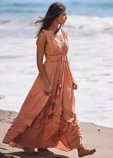 canwedance Summer Beach Dress Sleeveless Cotton Maxi Dresses Boho Style Solid Color Lace Ruffled Sundress Mujer Vestidos