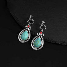 Load image into Gallery viewer, Tibetan Silver Art Retro Ethnic Style Turquoise Water Droplet Carved Earrings
