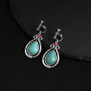 Tibetan Silver Art Retro Ethnic Style Turquoise Water Droplet Carved Earrings