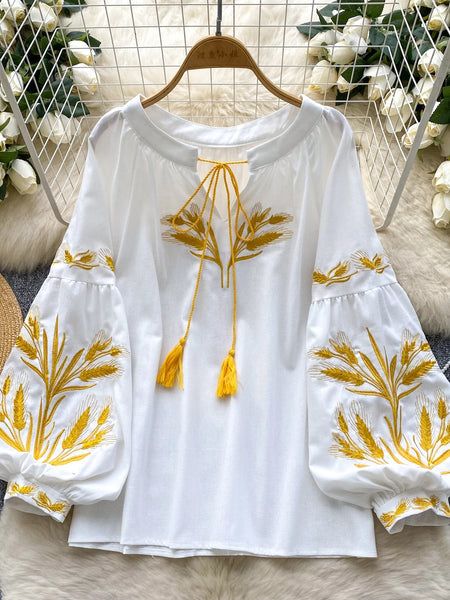 Retro Ethnic Heavy Embroidery Lantern Blouse