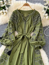 Load image into Gallery viewer, Retro Ethnic Embroidery Lantern Sleeve Maxi Dress
