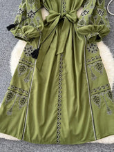 Load image into Gallery viewer, Retro Ethnic Embroidery Lantern Sleeve Maxi Dress
