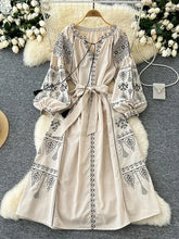 Load image into Gallery viewer, Retro Ethnic Embroidery Lantern Sleeve Maxi Dress
