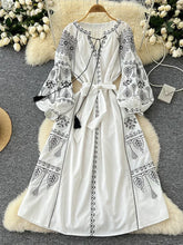 Load image into Gallery viewer, Retro Ethnic Embroidery Lantern Sleeve Maxi Dress
