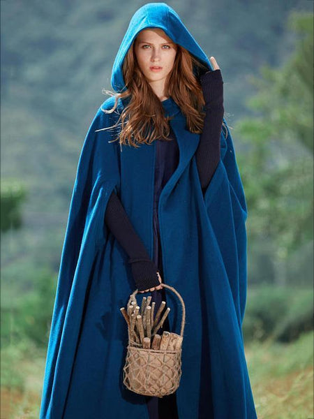 Blue Hooded Cloak Trench Cape Outwear