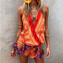 Load image into Gallery viewer, Summer Print Sweet Ruffle Deep V Neck Jumpsuit Women Summer Sexy Beach Casual Jumpsuit
