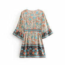 Load image into Gallery viewer, Boho Floral Print V-Neck Summer Flare Sleeve Hippie Beach Mini Dress
