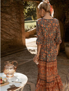 Boho Gypsy Floral Print Long Sleeve High Waist Maxi Dress