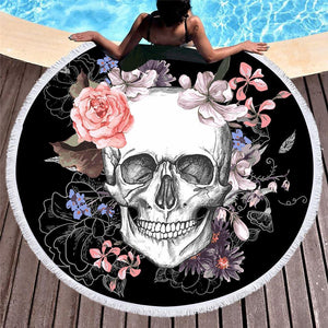 Cool Floral Skull Round Yoga Mat Print Tassel Summer Beach Towel