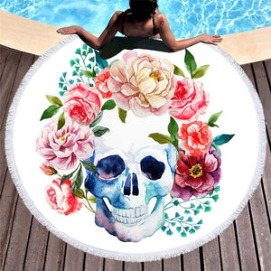 Boho Skull Floral Print Round Yoga Mat Print Tassel Summer Beach Towel