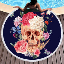 Load image into Gallery viewer, Boho Skull Floral Print Round Yoga Mat Print Tassel Summer Beach Towel
