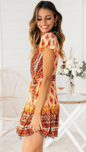 Bohemian Floral Pinrt Deep V-neck Summer Mini Dress