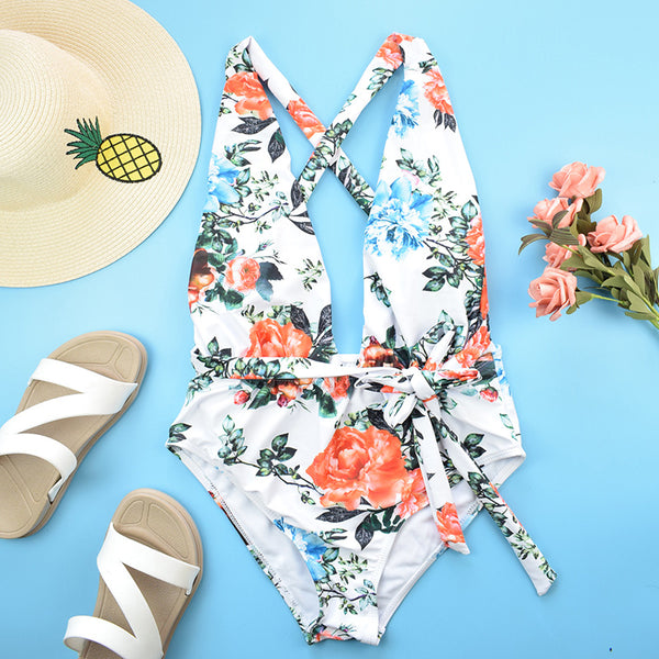 Floral swimsuit one-piece swimsuit women's Waist Tie Bikini