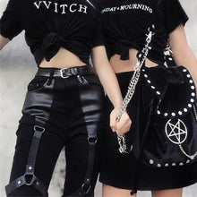 Load image into Gallery viewer, Casual Gothic Pants Women Halloween Sexy Leather Blet Patchwork Mid Cargo Pants Black Full Length Trousers
