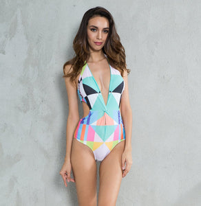 New Contrast Color Geometric Print One-piece Swimsuit