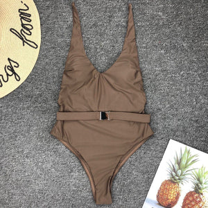 Solid Color Sexy Belt One-Piece Swimsuit