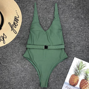 Solid Color Sexy Belt One-Piece Swimsuit