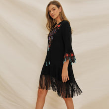 Load image into Gallery viewer, Women&#39;s lace up V-neck flared sleeve ethnic embroidery bohemian dress
