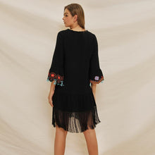 Load image into Gallery viewer, Women&#39;s lace up V-neck flared sleeve ethnic embroidery bohemian dress
