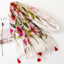 Load image into Gallery viewer, Retro flowers cotton and linen tassel scarf, silk scarf shawl, women&#39;s national wind beach
