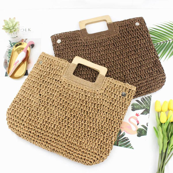 Ins Straw Woven Bag Wooden Rope Woven Bag Retro Leisure Beach Bag Handmade Bag