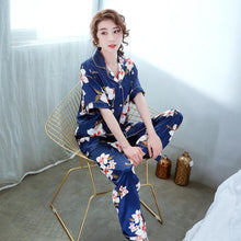 Load image into Gallery viewer, Spring and summer new ladies printed silk casual home clothes short sleeve trousers summer cardigan pajamas
