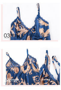 Silk Pajamas Ladies Spring and Summer Dragon Printed Silk Home Dress Three Pack