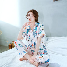 Load image into Gallery viewer, Spring and summer new ladies printed silk casual home clothes short sleeve trousers summer cardigan pajamas
