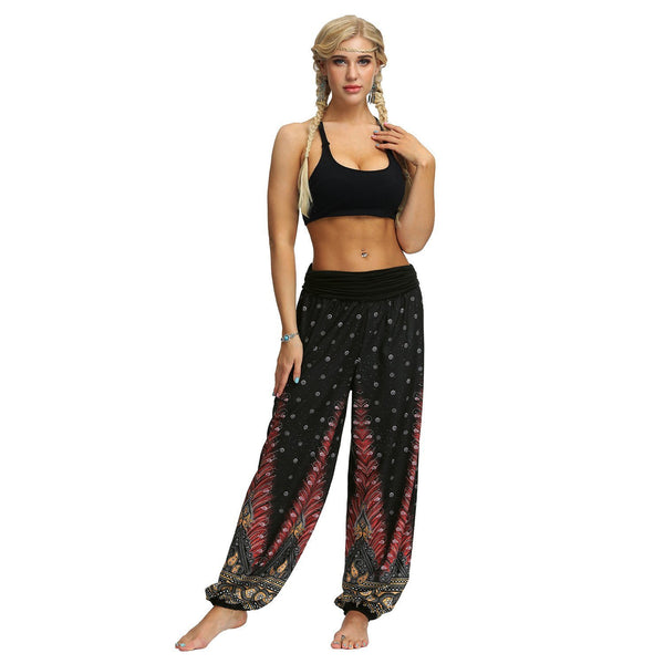 Women Bohemian Digital Printing Feather Fitness Yoga Casual Pants