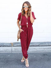 Load image into Gallery viewer, V Neck Short Sleeve Solid Color Jumpsuit Romper
