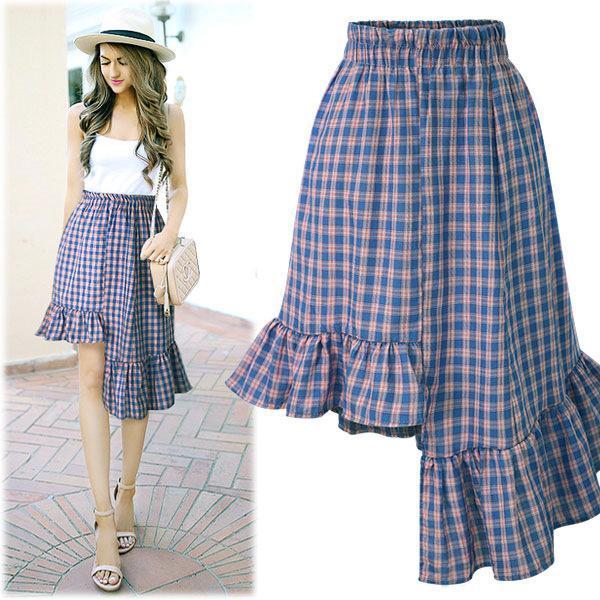 Plaid Irregular High Waist Casual Beach Skirt