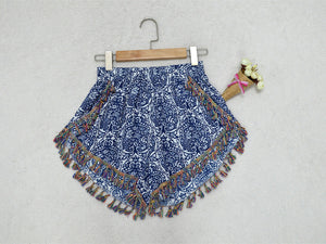 Bohemian Lace Tassel Blue and White Porcelain Print Shorts Summer Beach Hot Pants