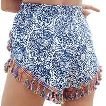 Load image into Gallery viewer, Bohemian Lace Tassel Blue and White Porcelain Print Shorts Summer Beach Hot Pants
