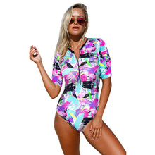 Load image into Gallery viewer, Swimsuit print zipper round neck short sleeve high waist one-piece swimsuit
