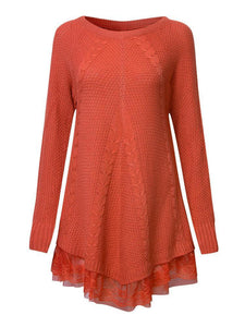 Women Long Sleeve Lace Stitching Pure Color Knitted Sweaters