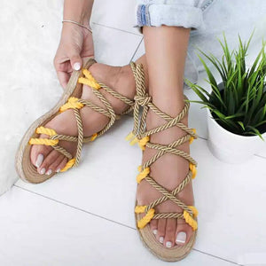 Color Matching Large Size Twine Straps Flat Bottom Women's Sandals Beach Shoes
