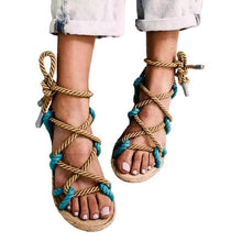 Load image into Gallery viewer, Color Matching Large Size Twine Straps Flat Bottom Women&#39;s Sandals Beach Shoes
