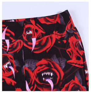 Women's Dark Gothic Rose Print Knee Cutout Leggings Pants