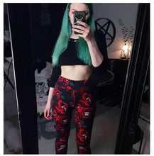 Load image into Gallery viewer, Women&#39;s Dark Gothic Rose Print Knee Cutout Leggings Pants
