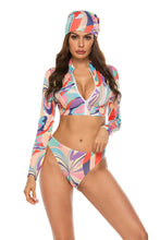 Load image into Gallery viewer, Conservative Printed Bikini Women&#39;s Split Long Sleeve Swimsuit 3-piece Tankini Set 78
