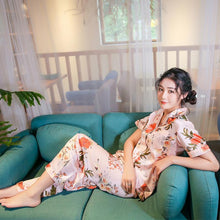 Load image into Gallery viewer, Spring and summer new ladies printed silk casual home clothes short sleeve trousers summer cardigan pajamas
