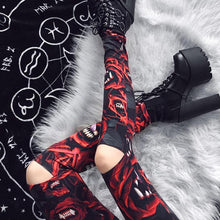 Load image into Gallery viewer, Women&#39;s Dark Gothic Rose Print Knee Cutout Leggings Pants
