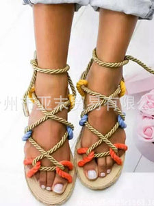 Color Matching Large Size Twine Straps Flat Bottom Women's Sandals Beach Shoes