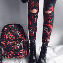 Load image into Gallery viewer, Women&#39;s Dark Gothic Rose Print Knee Cutout Leggings Pants
