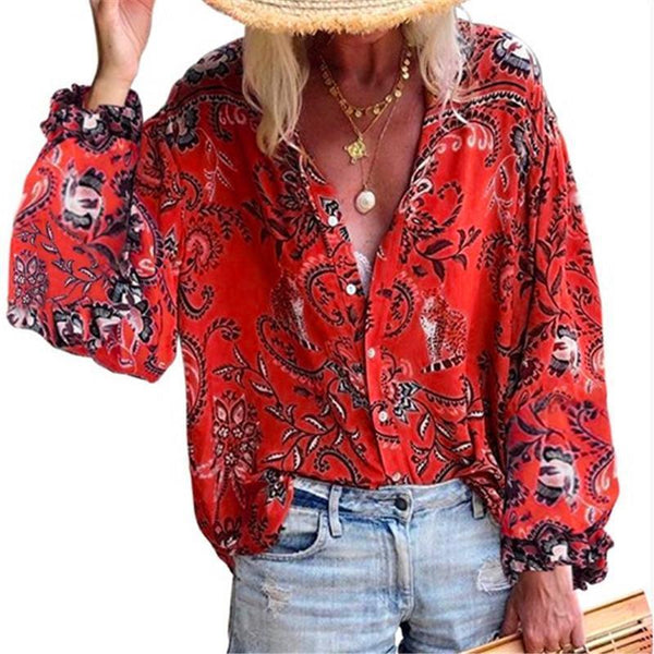 Boho Floral Printed Women Autumn Button Lapel Collar Long Sleeve Loose Shirt Blouse