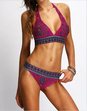 Load image into Gallery viewer, Ethnic Style Red Print Bikini Beach Strap Sexy Leaky Back Halter Split Swimsuit
