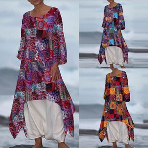 New Bohemian Style Feature Skirt Cotton and Linen Printed Long-Sleeved Dress